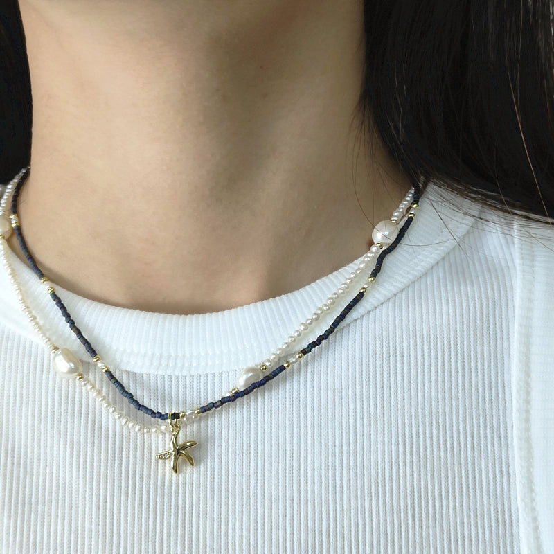 Double Layer Customized Women Handmade Adjustable Gold Plated Freshwater Pearl Miyuki Beads Shell Starfish Conch Pendant Necklace