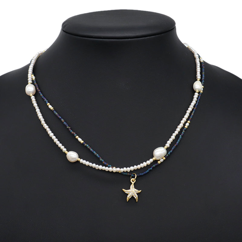 Double Layer Customized Women Handmade Adjustable Gold Plated Freshwater Pearl Miyuki Beads Shell Starfish Conch Pendant Necklace