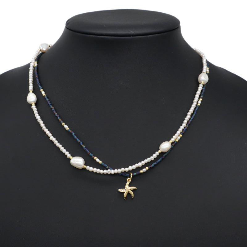 Double Layer Customized Women Handmade Adjustable Gold Plated Freshwater Pearl Miyuki Beads Shell Starfish Conch Pendant Necklace