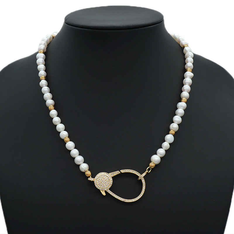 Handmade Custom Gold Plated CZ Brass Clasp Natural Freshwater Pearl Necklace