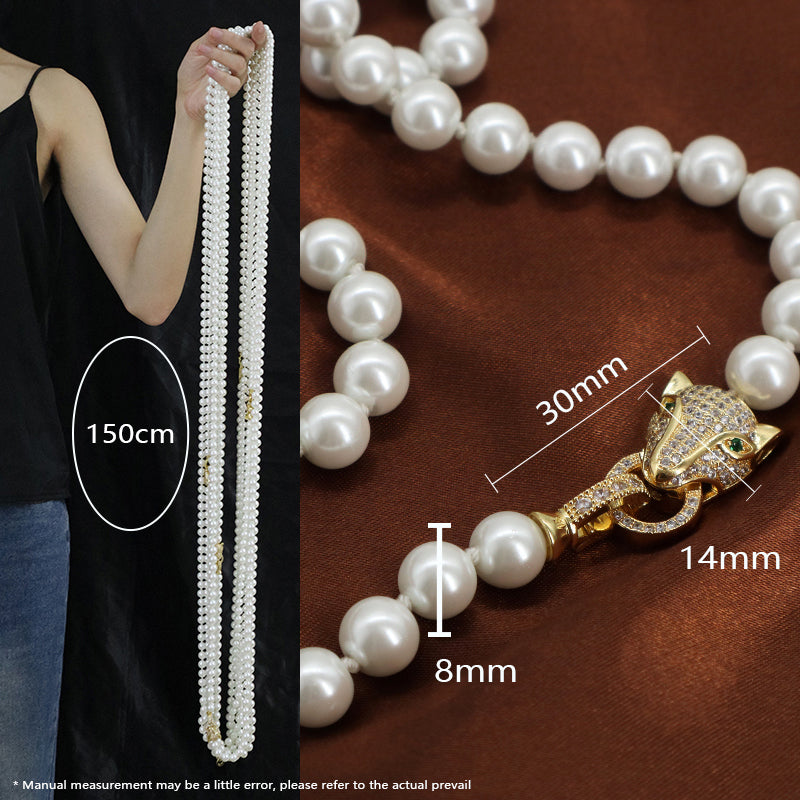 Custom OEM Handmade Gold Plated CZ Brass Leopard Clasp 8mm Beaded Pearl Necklace