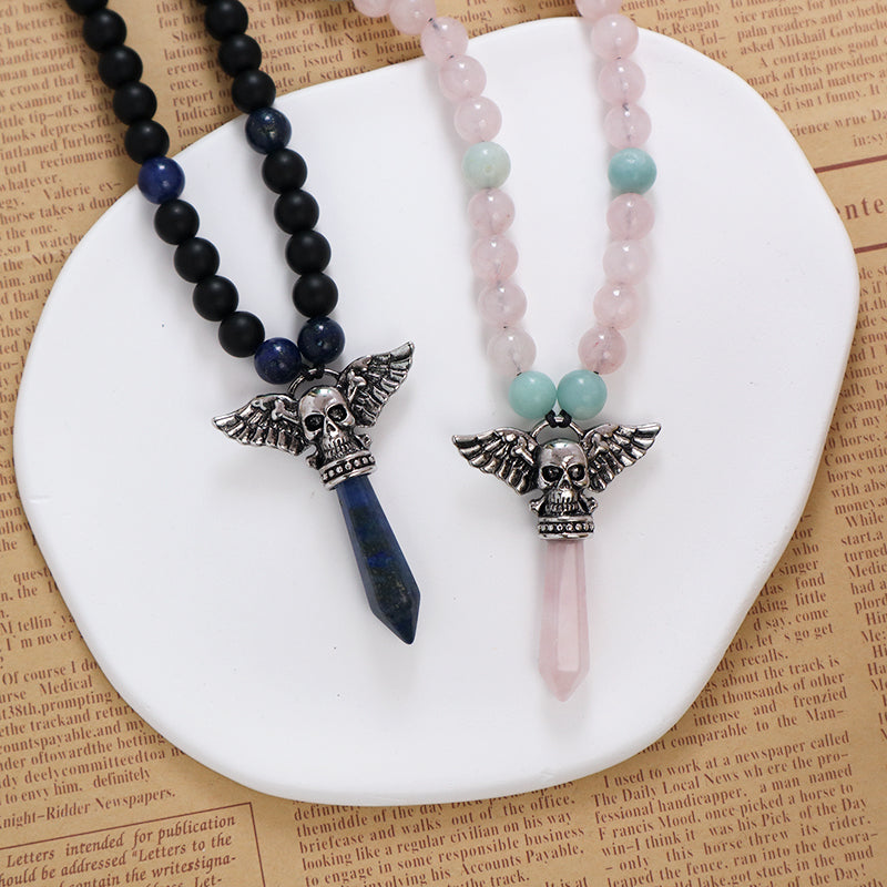 OEM Factory Handmade Wholesale Customized Men Women Adjustable Woven Cord Macrame 8mm Natural Stone Beads Skull Pendant Necklace