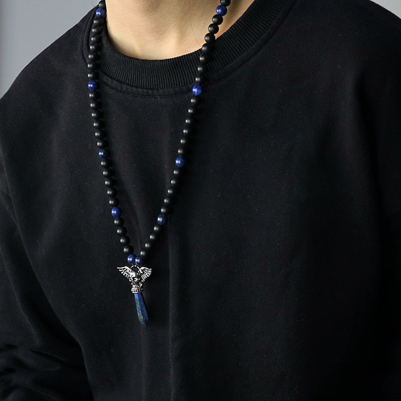 OEM Factory Handmade Wholesale Customized Men Women Adjustable Woven Cord Macrame 8mm Natural Stone Beads Skull Pendant Necklace