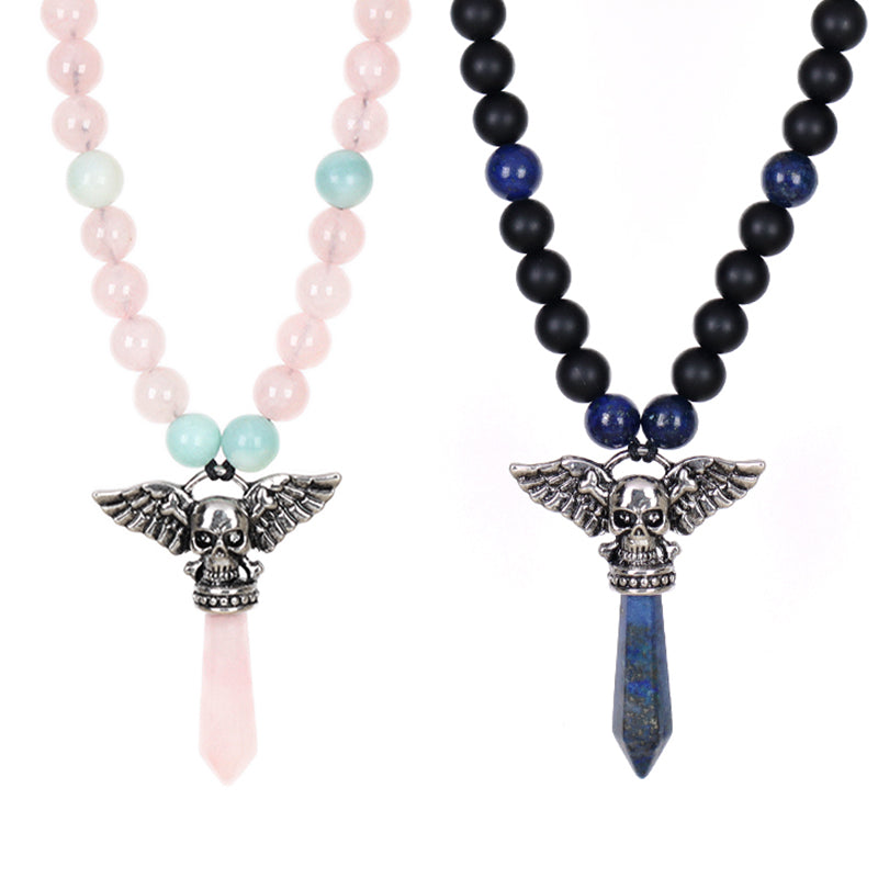 OEM Factory Handmade Wholesale Customized Men Women Adjustable Woven Cord Macrame 8mm Natural Stone Beads Skull Pendant Necklace