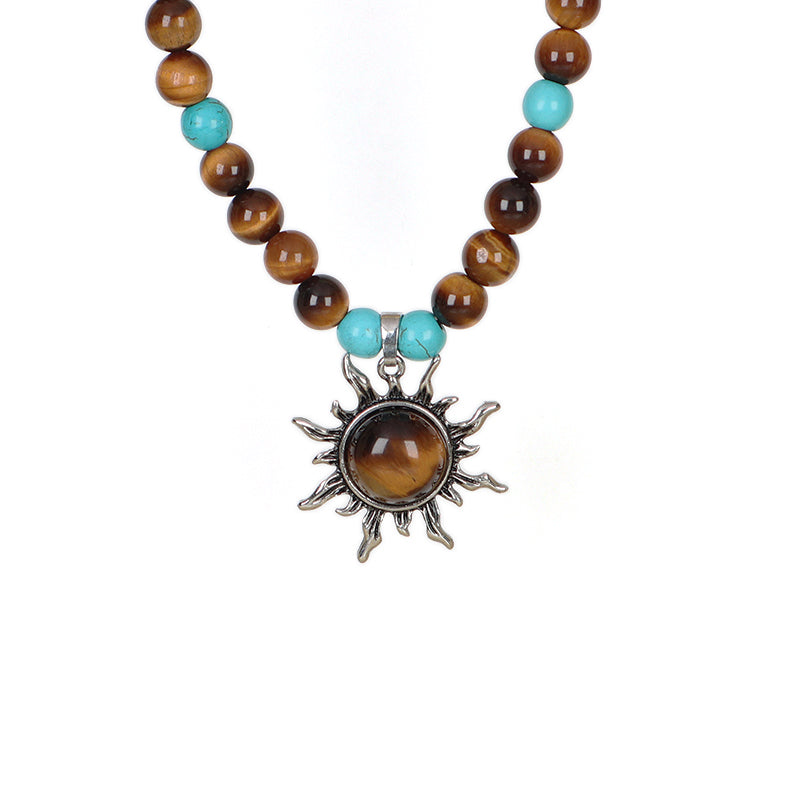 China Factory Custom OEM Handmade Wholesale Men Women Adjustable Woven Cord 8mm Natural Stone Beads Macrame Sun Pendant Necklace