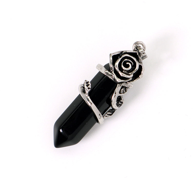 Hot Selling Newest Healing Stone Alloy Rose Charm Necklace Pendant Black Plated Natural Stone Rose Pendant For Jewelry Making
