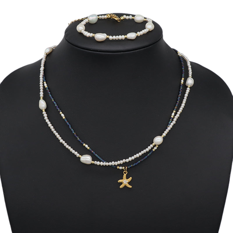 Custom Women Gift Handmade Gold Plated Baroque Freshwater Pearl Bracelet Miyuki Beaded Shell Conch SeaStar Necklace Jewelry Set