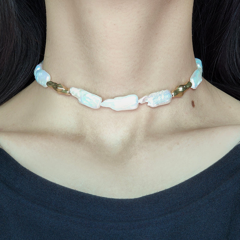 Handmade Custom Gold Plated Brass Natural Freshwater Pearl Choker Necklace