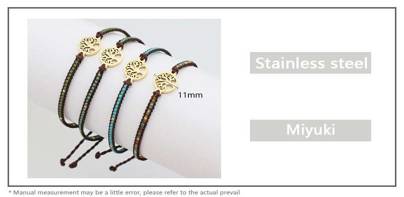 Custom Handmade OEM Women Jewelry Adjustable Braided Woven Macrame Gold Plated Stainless Steel Life Tree Charm Miyuki Bracelet