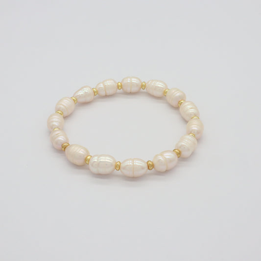 Customized Simple Design Jewelry Handmade Adjustable Elastic Gold Plated Brass Beads Handmade Fresh Water Pearl Bracelet