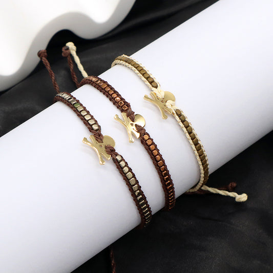 Wholesale Custom Jewelry Fashion Braided Woven Jewelry Adjustable Stainless Steel Skull Charm Hematite Bracelets For Men Women