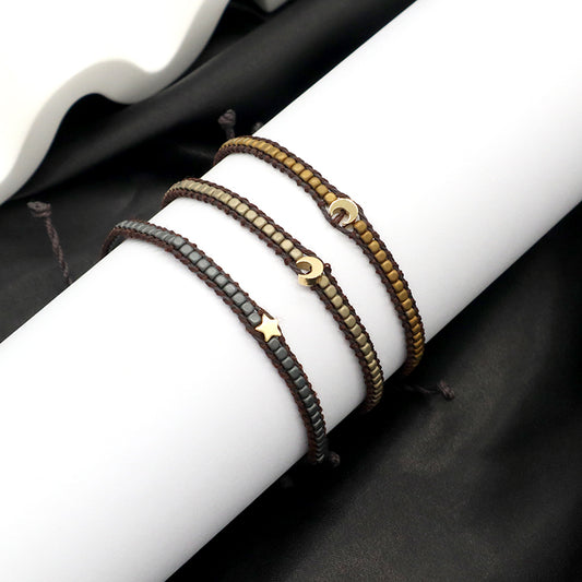 OEM Wholesale Custom Jewelry Handmade Fashion Jewelry Adjustable Stainless Steel Moon Star Charm Hematite Woven Tassel Bracelets