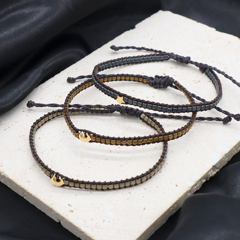 OEM Wholesale Custom Jewelry Handmade Fashion Jewelry Adjustable Stainless Steel Moon Star Charm Hematite Woven Tassel Bracelets