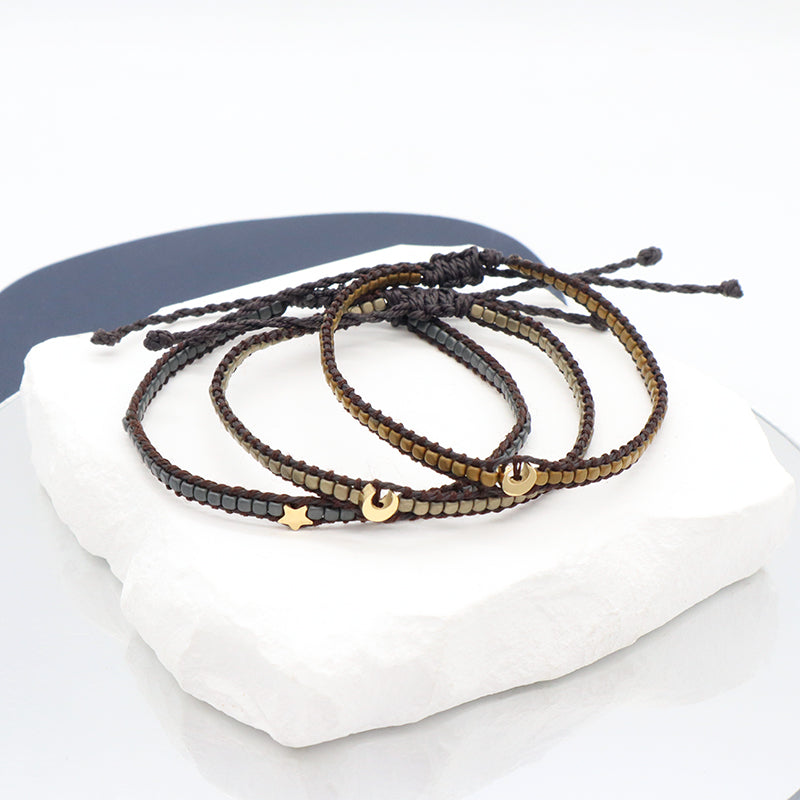 OEM Wholesale Custom Jewelry Handmade Fashion Jewelry Adjustable Stainless Steel Moon Star Charm Hematite Woven Tassel Bracelets