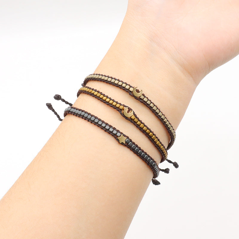 OEM Wholesale Custom Jewelry Handmade Fashion Jewelry Adjustable Stainless Steel Moon Star Charm Hematite Woven Tassel Bracelets