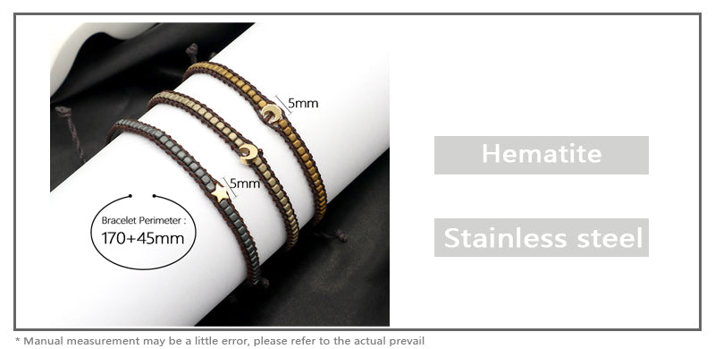 OEM Wholesale Custom Jewelry Handmade Fashion Jewelry Adjustable Stainless Steel Moon Star Charm Hematite Woven Tassel Bracelets