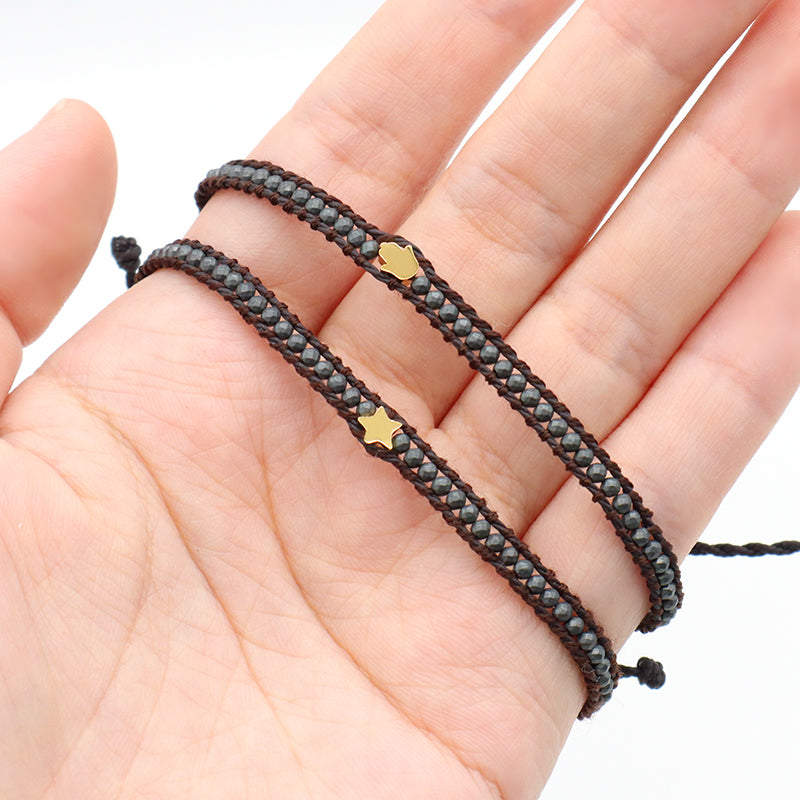 Custom Factory Handmade Wholesale Fashion Braided Woven Jewelry Adjustable Stainless Steel Star Charm Hematite Macrame Bracelet