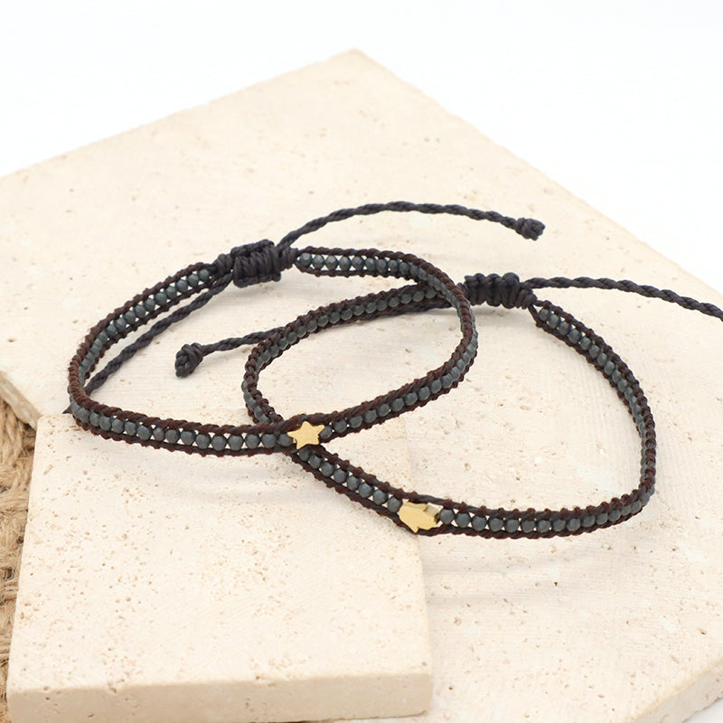 Custom Factory Handmade Wholesale Fashion Braided Woven Jewelry Adjustable Stainless Steel Star Charm Hematite Macrame Bracelet