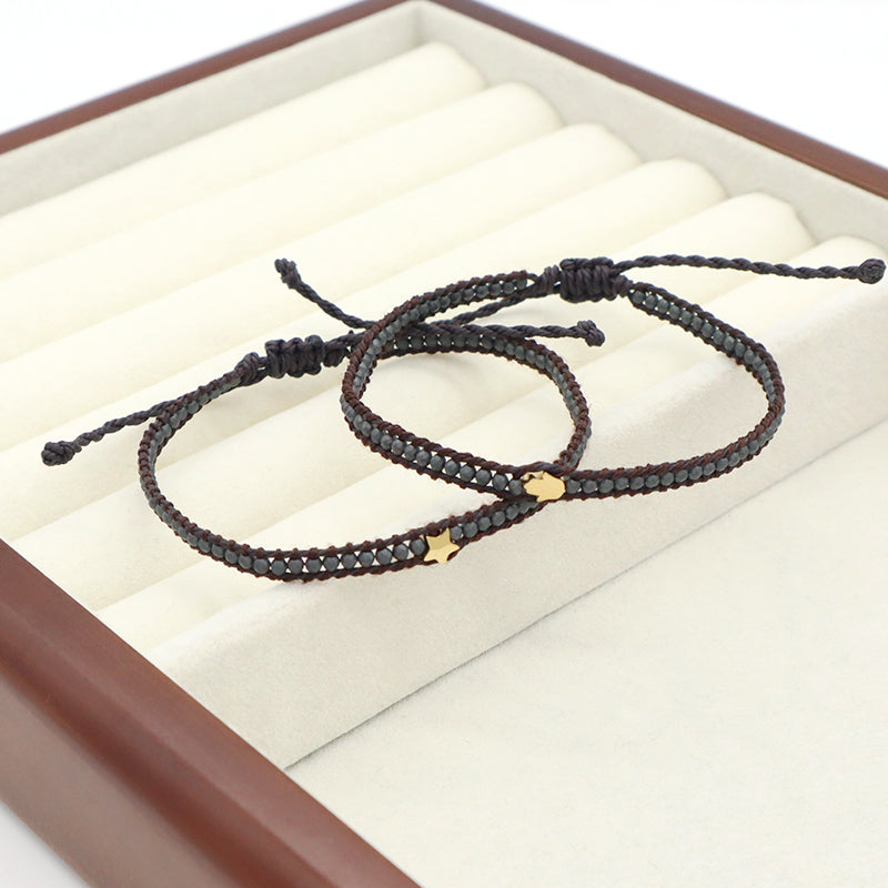 Custom Factory Handmade Wholesale Fashion Braided Woven Jewelry Adjustable Stainless Steel Star Charm Hematite Macrame Bracelet