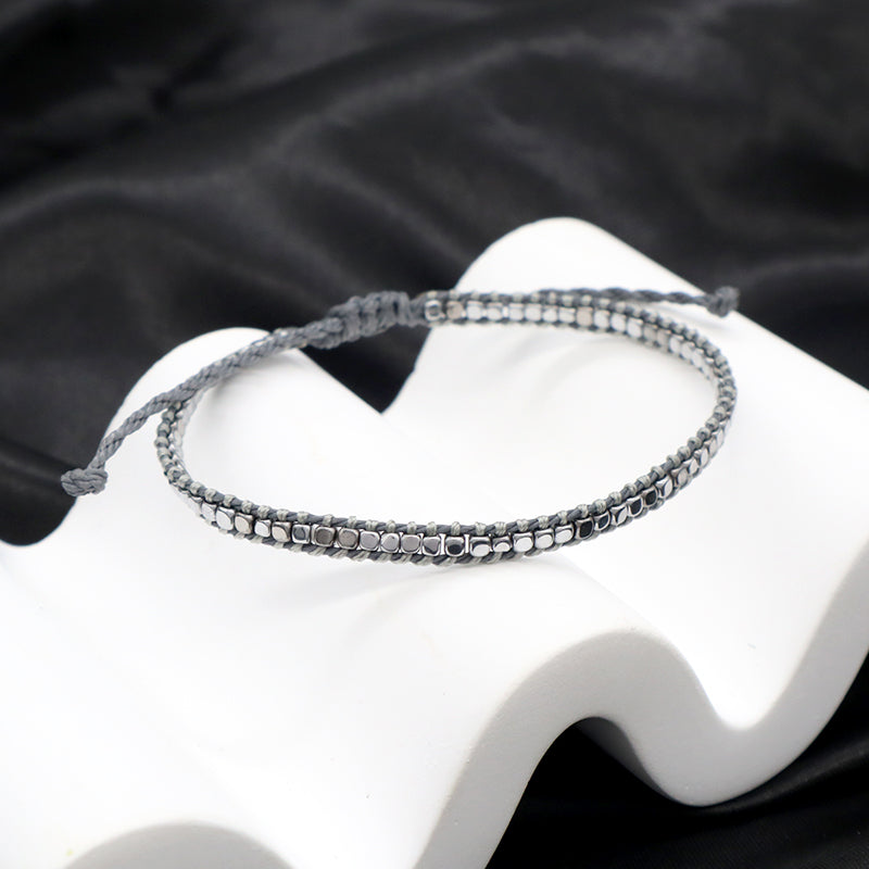 Wholesale Simple Design Good Quality OEM Custom Woven Best Friend Handmade Adjustable Hematite Beads Bangle Bracelet