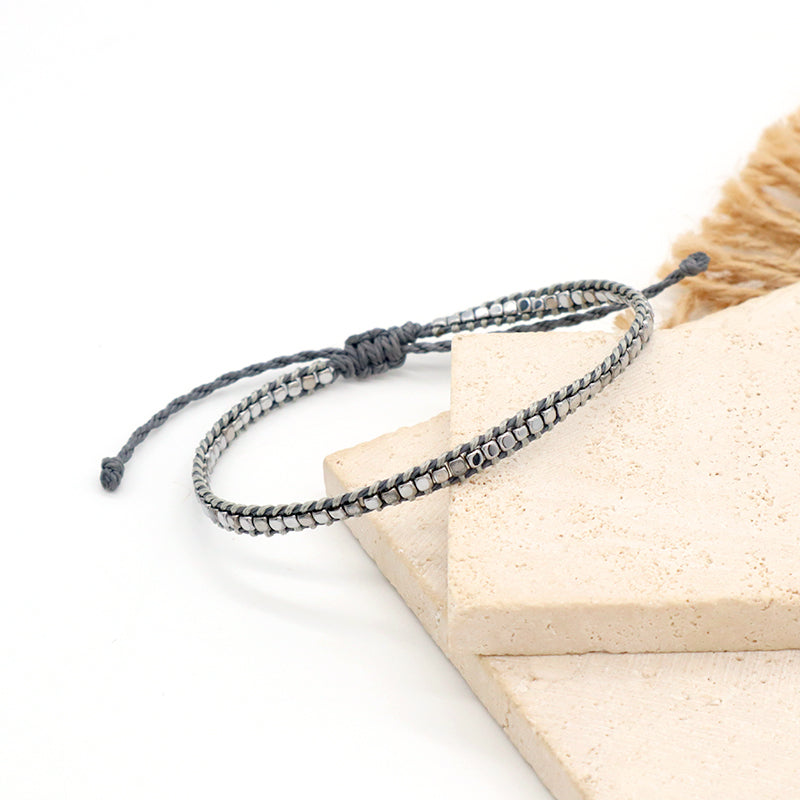 Wholesale Simple Design Good Quality OEM Custom Woven Best Friend Handmade Adjustable Hematite Beads Bangle Bracelet
