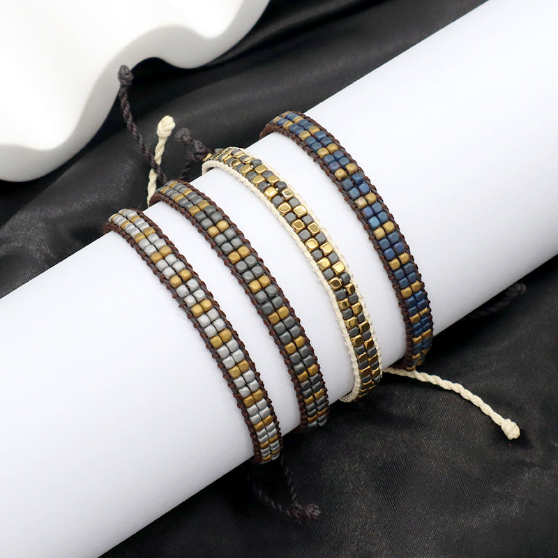 Custom Woven Good quality OEM Wholesale Simple Design Best Friend Handmade Adjustable Double Rows Hematite Beads Bangle Bracelet