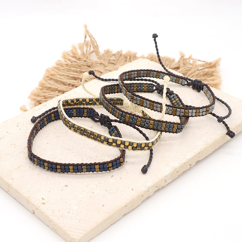 Custom Woven Good quality OEM Wholesale Simple Design Best Friend Handmade Adjustable Double Rows Hematite Beads Bangle Bracelet