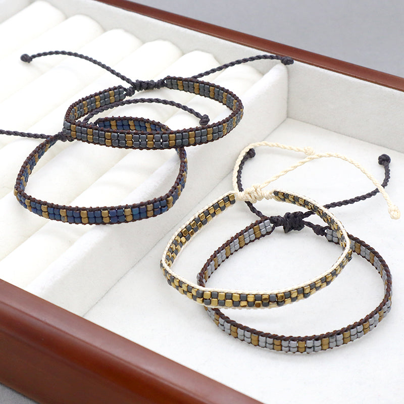 Custom Woven Good quality OEM Wholesale Simple Design Best Friend Handmade Adjustable Double Rows Hematite Beads Bangle Bracelet