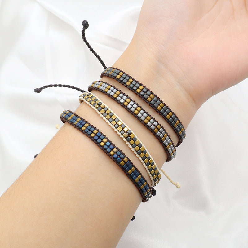 Custom Woven Good quality OEM Wholesale Simple Design Best Friend Handmade Adjustable Double Rows Hematite Beads Bangle Bracelet