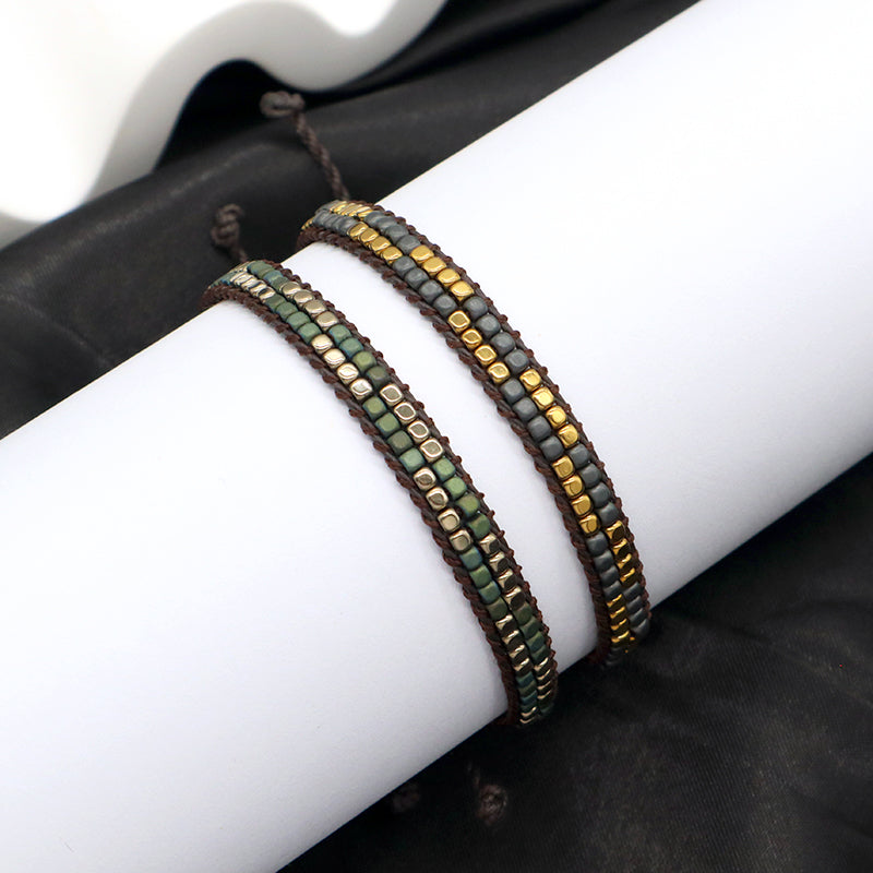 Custom Woven Good Quality OEM Wholesale Simple Design Best Friend Handmade Adjustable Double Rows Hematite Beads Bangle Bracelet