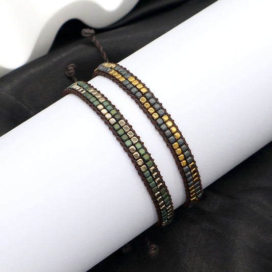 Custom Woven Good Quality OEM Wholesale Simple Design Best Friend Handmade Adjustable Double Rows Hematite Beads Bangle Bracelet