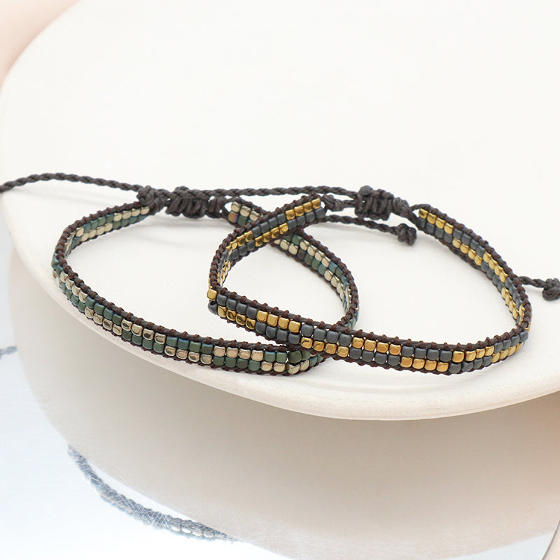 Custom Woven Good Quality OEM Wholesale Simple Design Best Friend Handmade Adjustable Double Rows Hematite Beads Bangle Bracelet