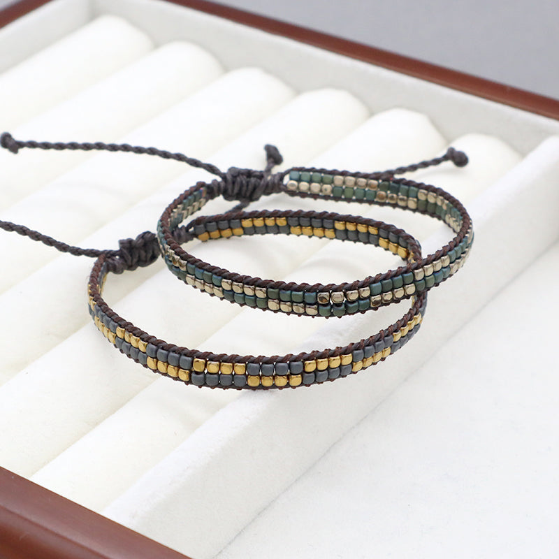 Custom Woven Good Quality OEM Wholesale Simple Design Best Friend Handmade Adjustable Double Rows Hematite Beads Bangle Bracelet