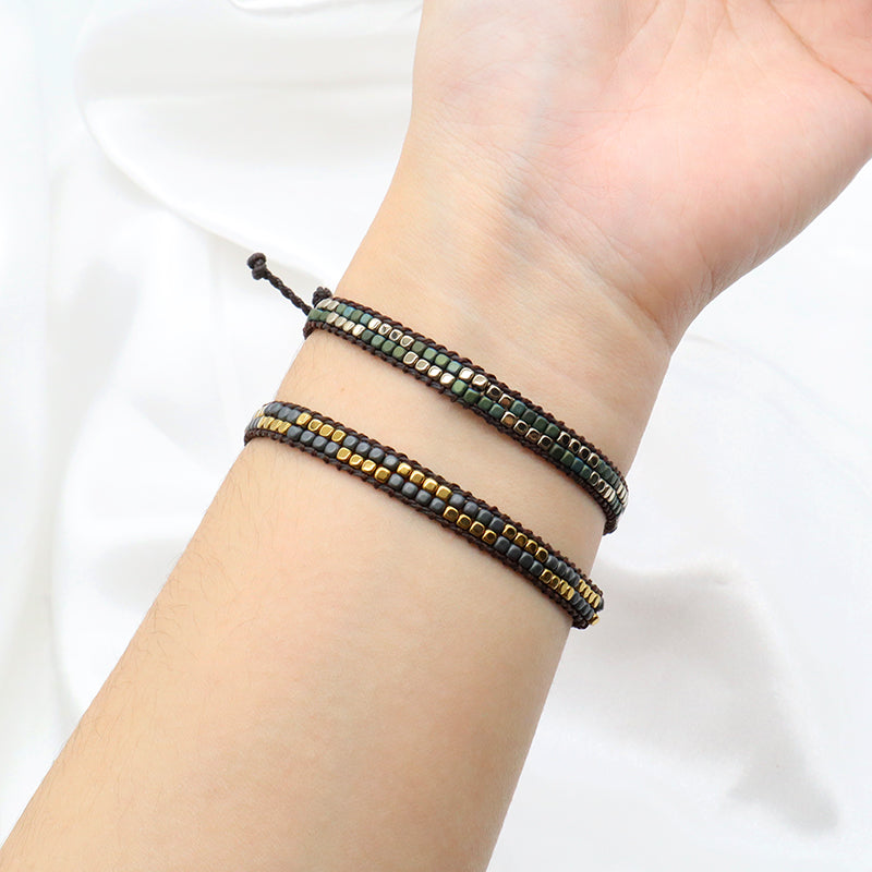 Custom Woven Good Quality OEM Wholesale Simple Design Best Friend Handmade Adjustable Double Rows Hematite Beads Bangle Bracelet