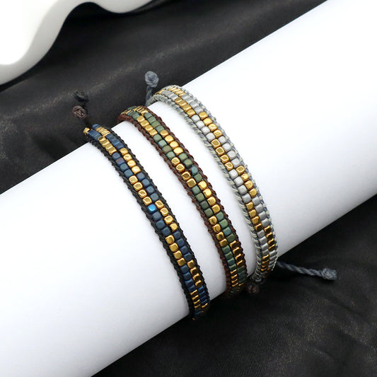 Oem Custom Simple Design Good Quality Wholesale Woven Best Friend Handmade Adjustable Double Rows Hematite Beads Bangle Bracelet