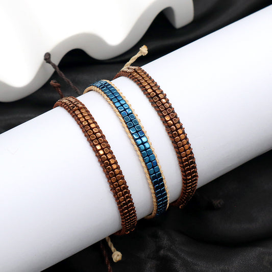 Custom OEM Woven Wholesale Simple Design Handmade Double Layers Adjustable Hematite Beads Bangle Bracelet
