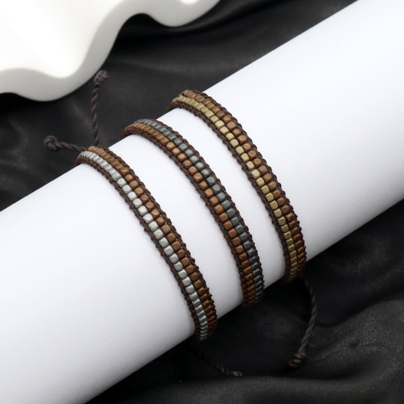 Handmade OEM Good Quality Wholesale Simple Design Custom Woven Best Friend Adjustable Double Rows Hematite Beads Bangle Bracelet