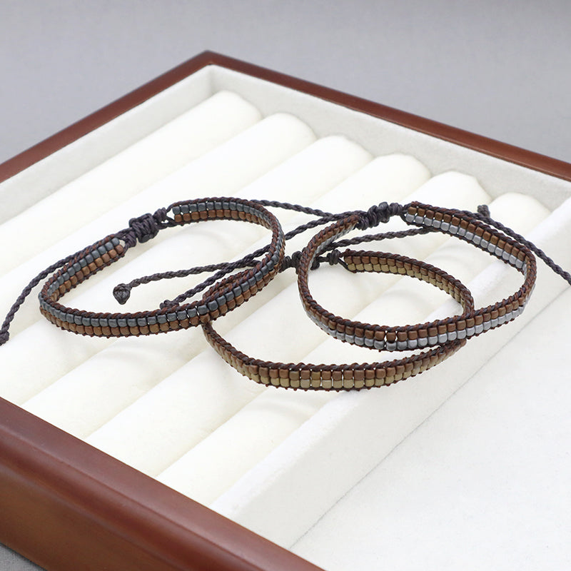 Handmade OEM Good Quality Wholesale Simple Design Custom Woven Best Friend Adjustable Double Rows Hematite Beads Bangle Bracelet