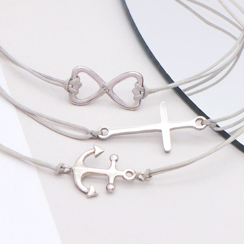 Cross Butterfly Anchor 925 Sterling Silver Charm Casual Bracelet Simple Design Adjustable Cotton Wire Bracelets
