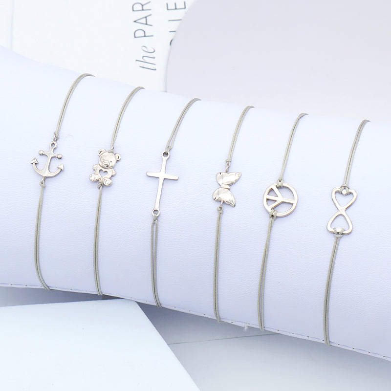 Cross Butterfly Anchor 925 Sterling Silver Charm Casual Bracelet Simple Design Adjustable Cotton Wire Bracelets