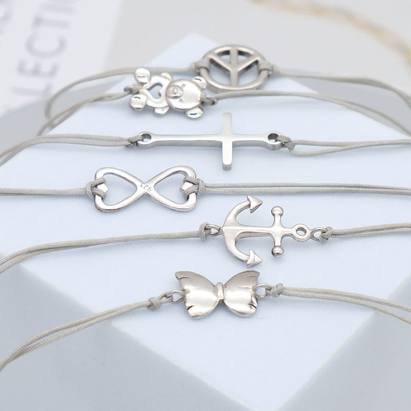 Cross Butterfly Anchor 925 Sterling Silver Charm Casual Bracelet Simple Design Adjustable Cotton Wire Bracelets