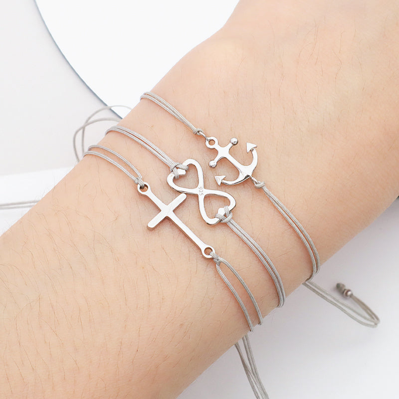 Cross Butterfly Anchor 925 Sterling Silver Charm Casual Bracelet Simple Design Adjustable Cotton Wire Bracelets