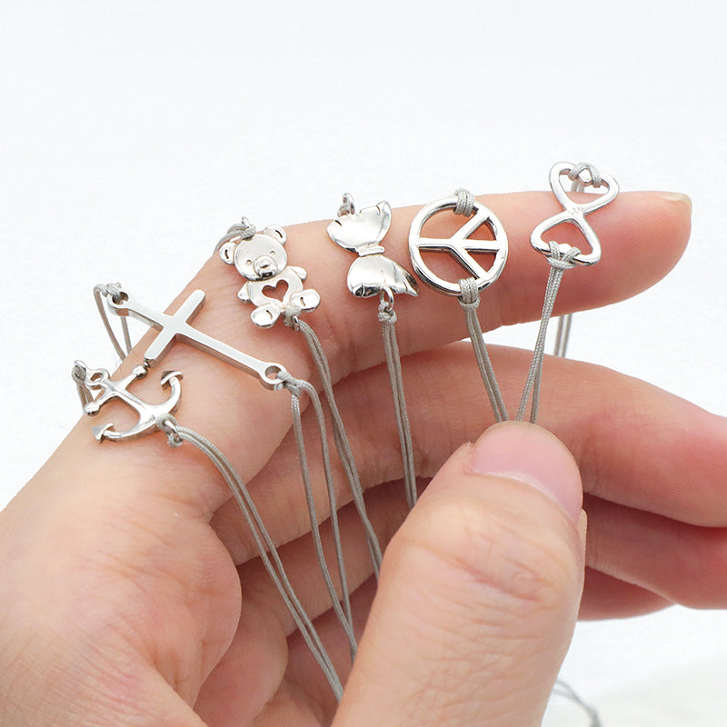 Cross Butterfly Anchor 925 Sterling Silver Charm Casual Bracelet Simple Design Adjustable Cotton Wire Bracelets