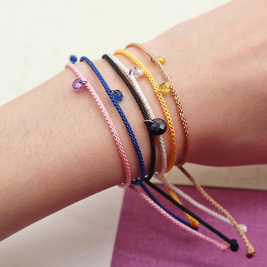 Trendy Women Jewelry 925 Sterling Silver Colorful Rope CZ Crystal Charm Adjustable Woven Bracelet