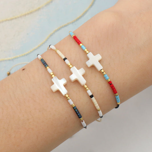 Trendy Miyuki Beads With Cross Shell Bracelet Fashion Charms And Bracelets Women Brass Beads Gold Plated Bracelet