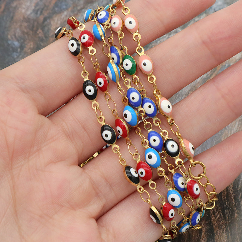 Handmade Customizable 4*6mm oval enamel evil eyes stainless steel bracelet