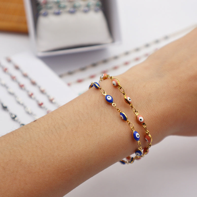 Handmade Customizable 4*6mm oval enamel evil eyes stainless steel bracelet