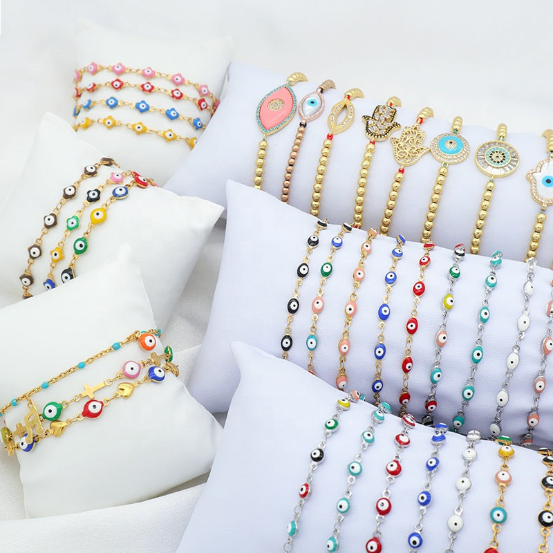 Handmade Customizable 4*6mm oval enamel evil eyes stainless steel bracelet