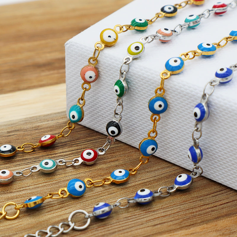 Handmade Customizable 4mm round enamel evil eyes stainless steel bracelet