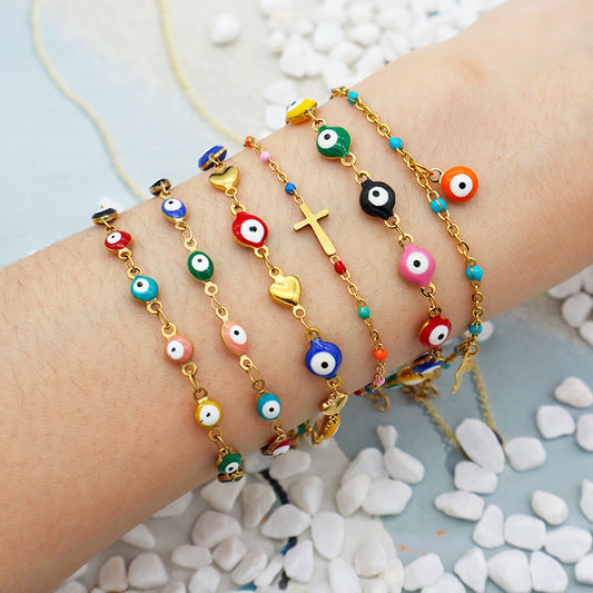 Handmade Customizable 4mm round enamel evil eyes stainless steel bracelet